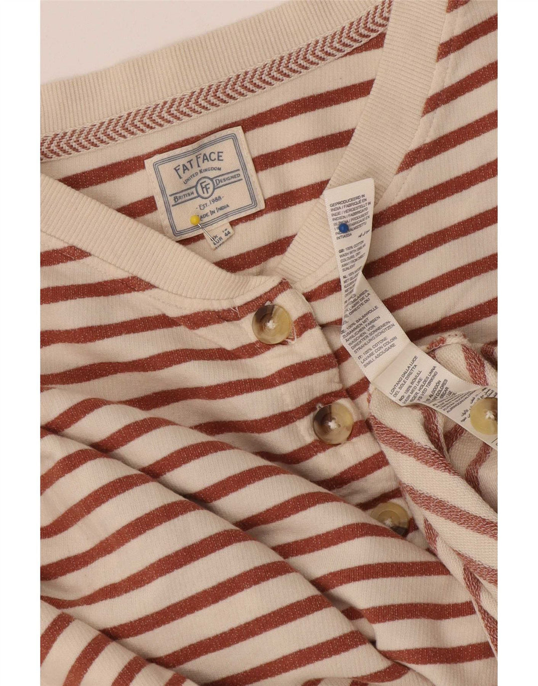 Top da donna Fat Face manica 3/4 UK 16 cotone a righe grandi bianche
