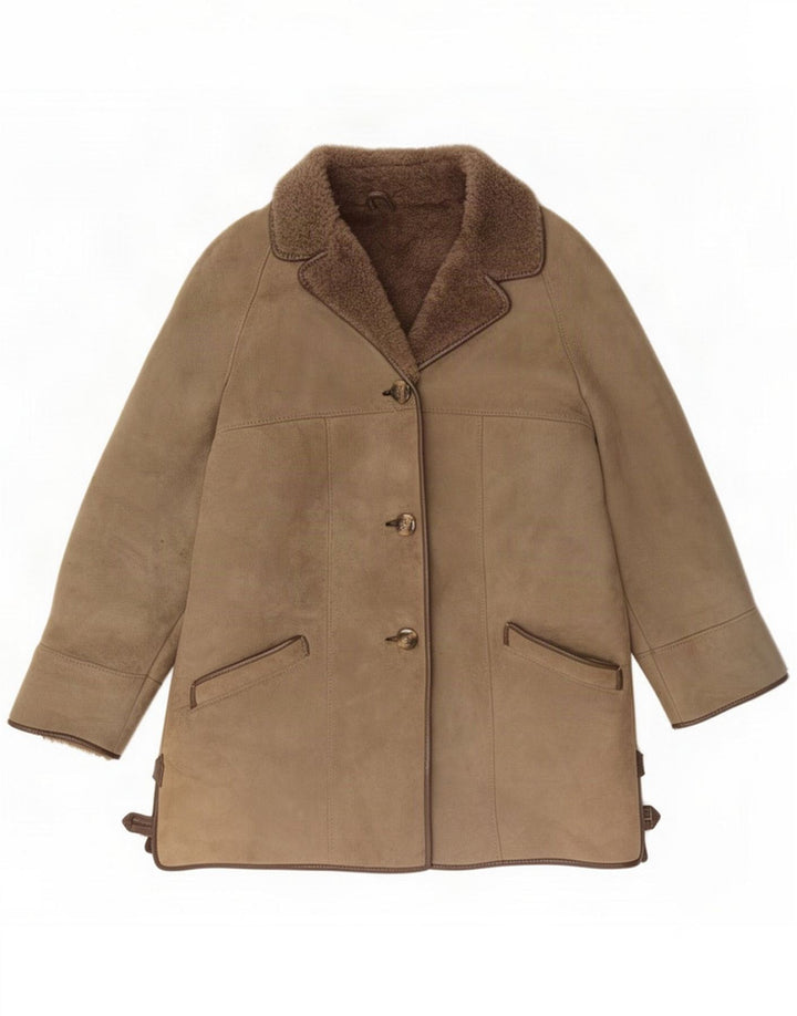Giacca in shearling da donna vintage UK 20 2XL Pelle di agnello beige