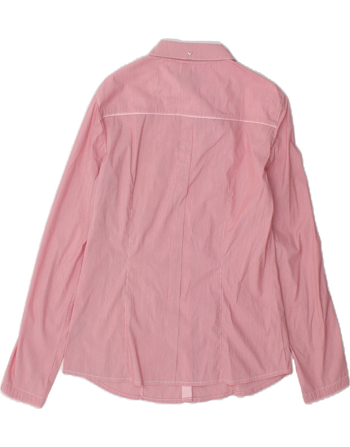 ARMANI JEANS Womens Ruffle Front Shirt US 6 Medium Pink Pinstripe Cotton Vintage Armani Jeans and Second-Hand Armani Jeans from Messina Hembry 