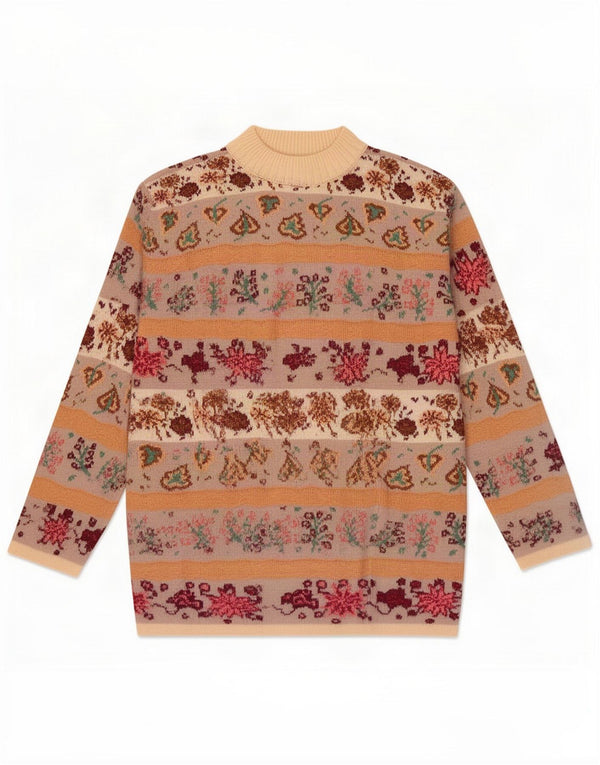 Maglione maglione girocollo da donna vintage UK 16 grande beige floreale acrilico