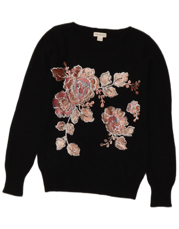 MONSOON Womens Boat Neck Jumper Sweater UK 10 Small Black Floral Polyamide