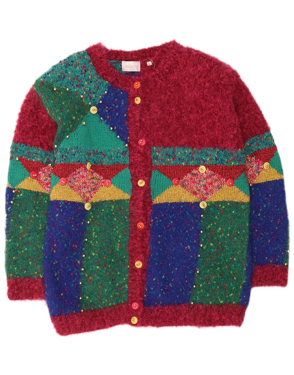 Maglione cardigan da donna vintage UK 16 Grande novità geometrica multicolore