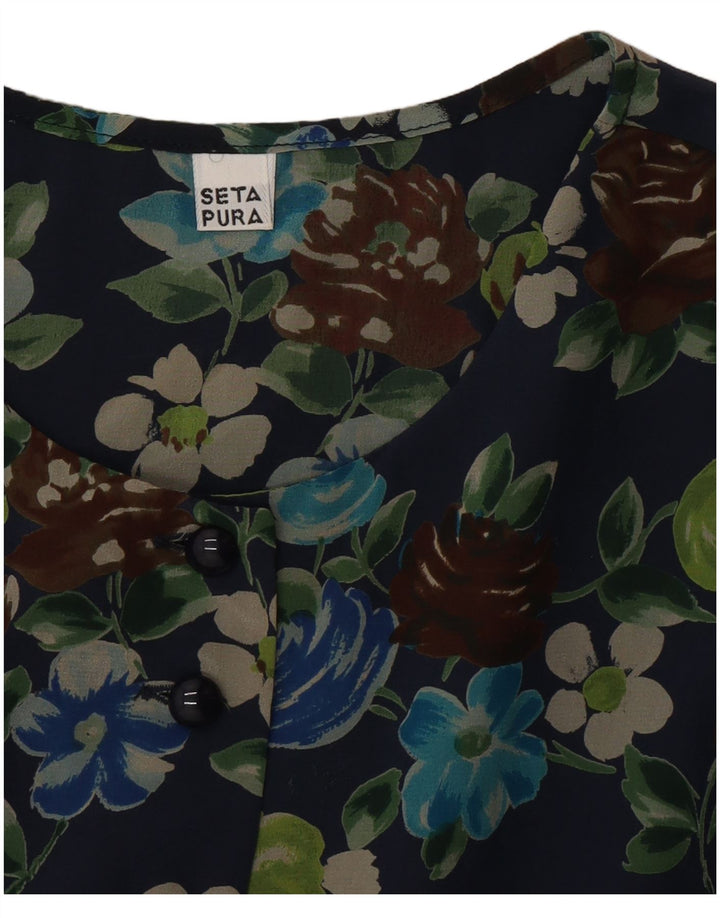Abito a trapezio vintage da donna UK 12 Seta floreale blu navy medio