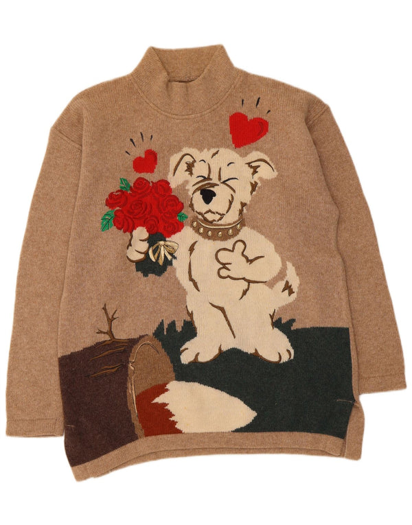Maglione maglione collo alto con grafica vintage da donna UK 16 grande beige