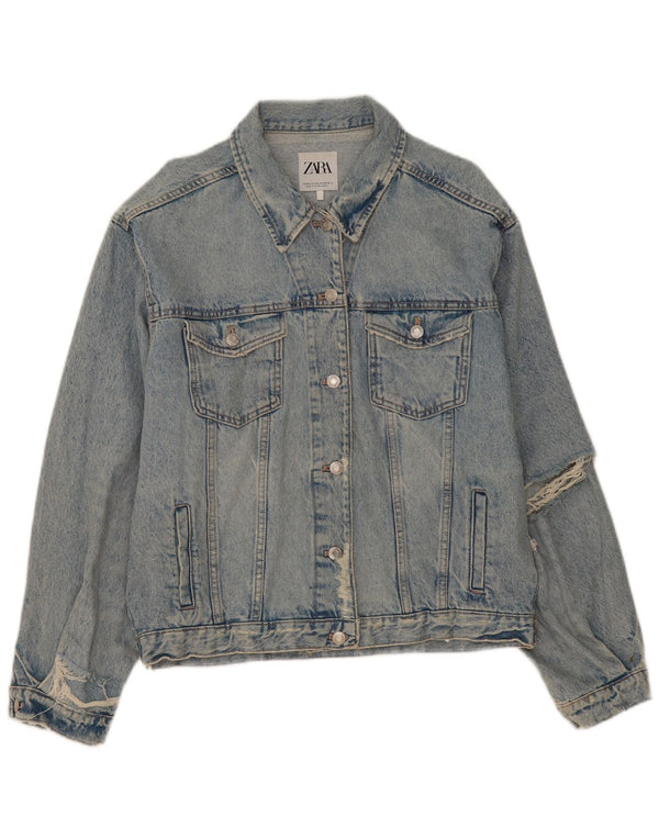 Giacca in denim oversize invecchiato da donna Zara UK 14 cotone blu medio