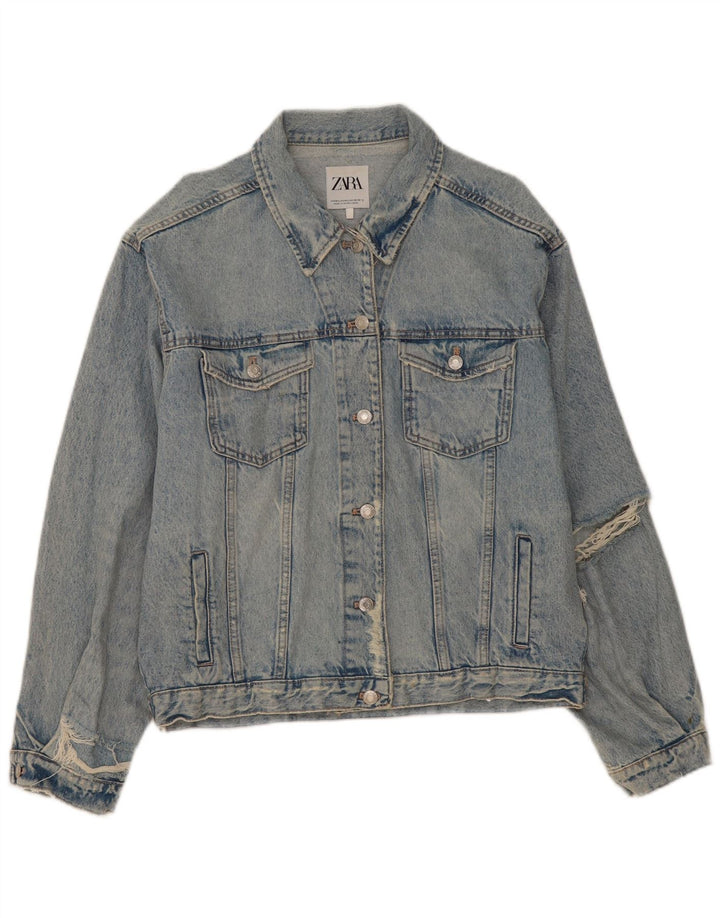 Giacca in denim oversize invecchiato da donna Zara UK 14 cotone blu medio