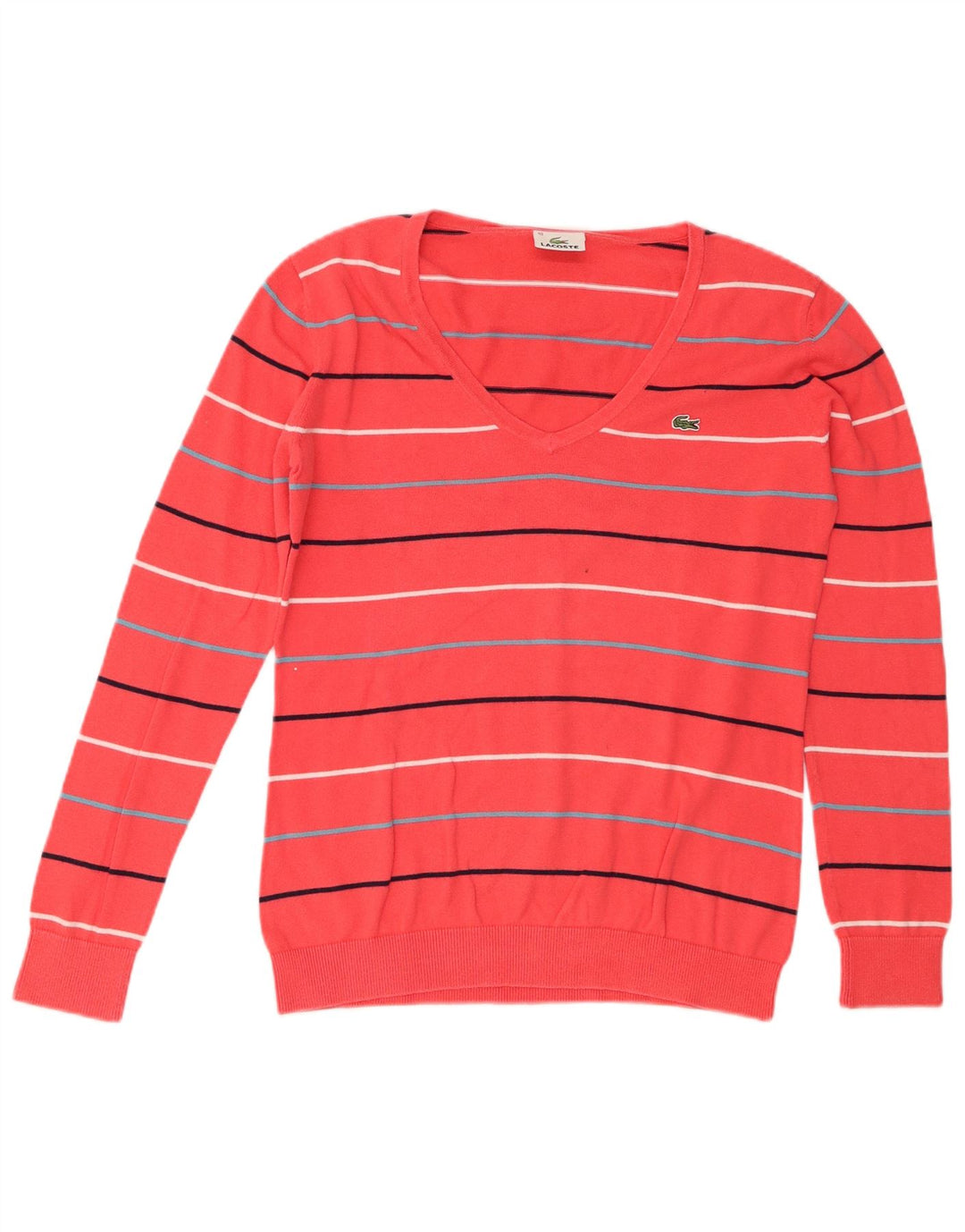Maglione da donna con scollo a V Lacoste taglia 40 cotone a righe rosa medio