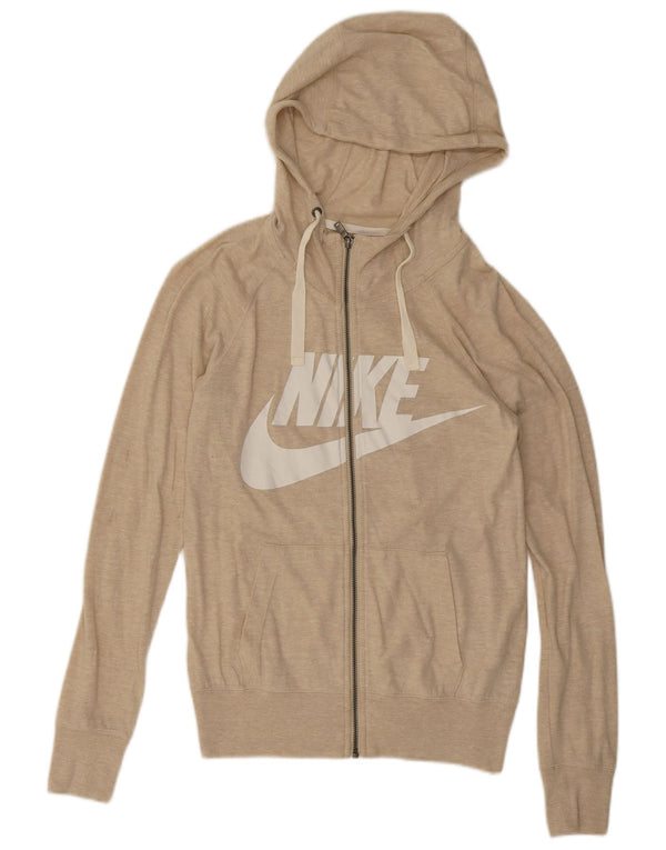 Felpa con cappuccio e zip oversize grafica Nike da donna UK 10 piccola beige chiazzata
