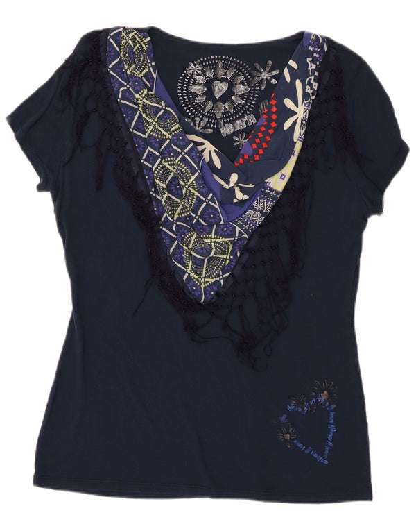 Desigual T-shirt grafica da donna Top UK 18 XL Patchwork blu navy