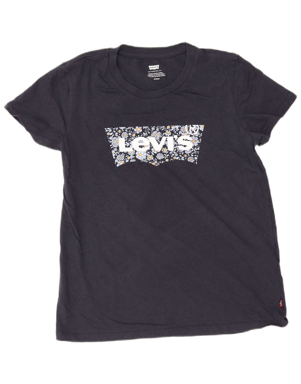 T-shirt grafica da donna Levi's Top UK 10 piccola in cotone floreale blu navy