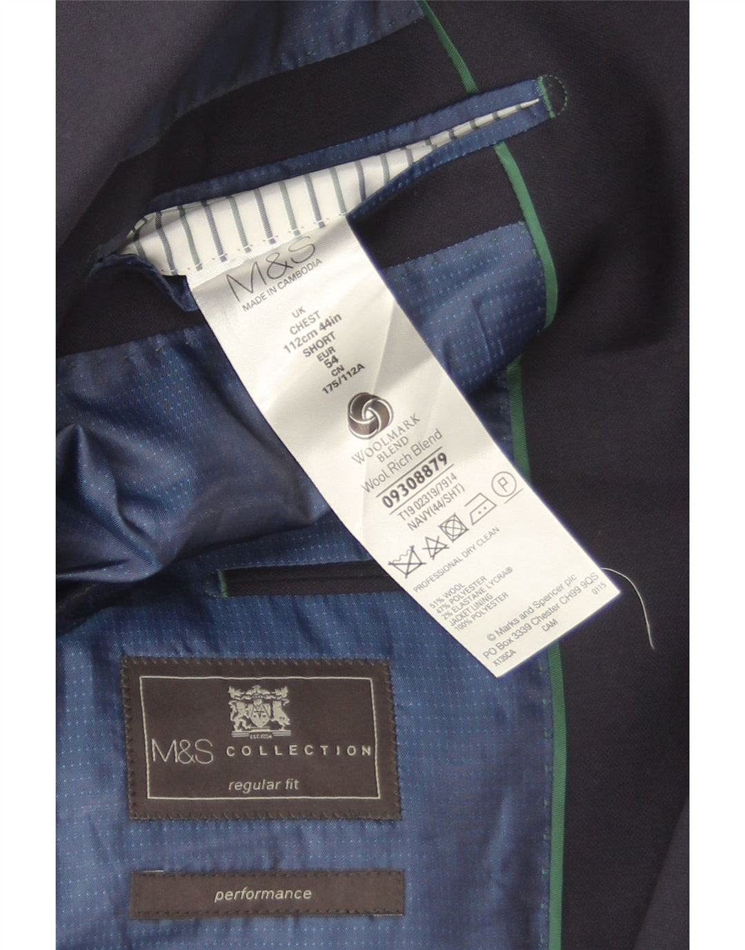 Giacca blazer a 2 bottoni da uomo Marks & Spencer EU 54 2XL Lana blu navy