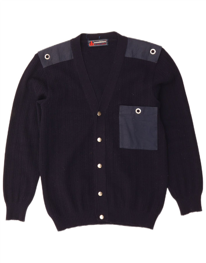 Maglione cardigan da uomo vintage in lana color block medio blu navy