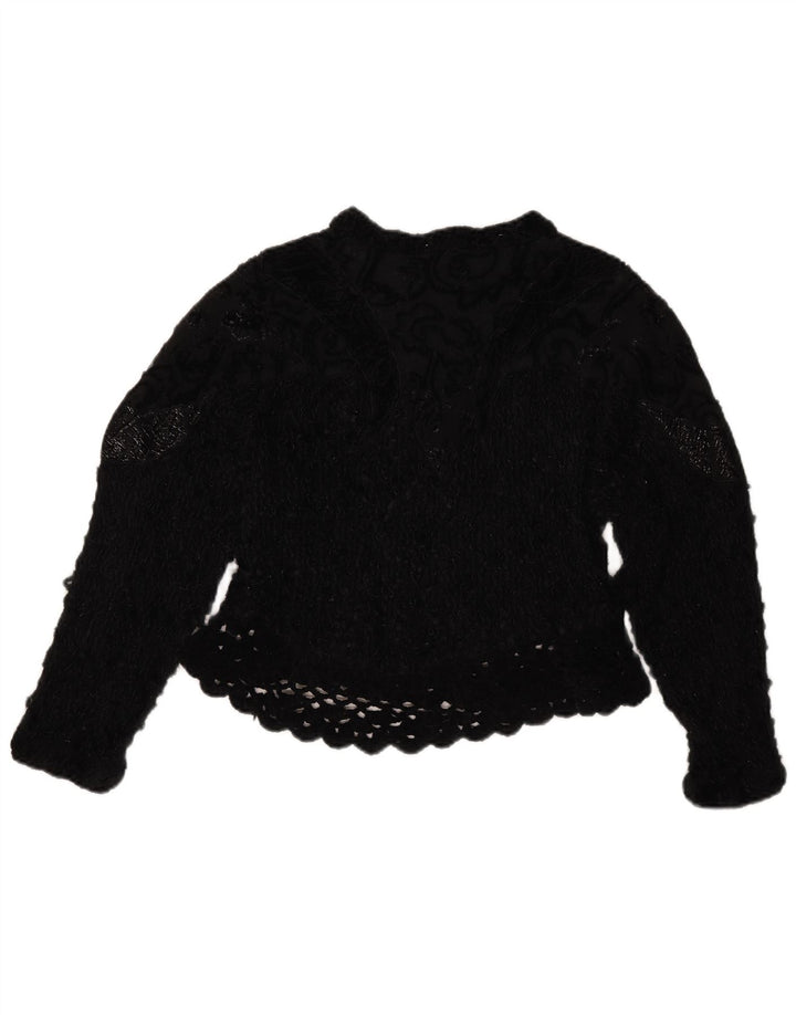 Top corto vintage da donna all'uncinetto UK 14 medio nero