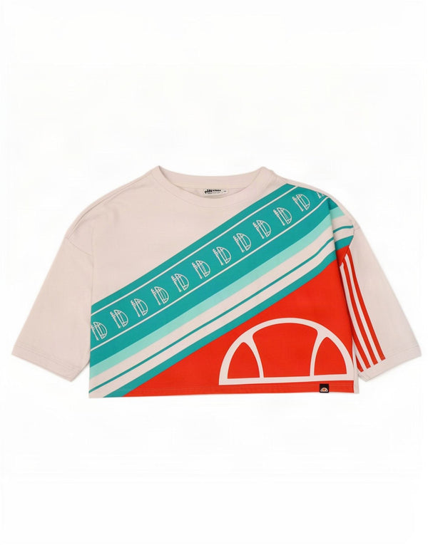 Top grafico corto da donna Ellesse manica 3/4 UK 14 blocco colore bianco medio