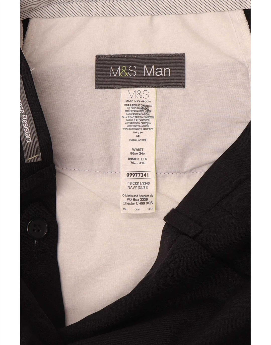 Pantaloni da abito dritti da uomo Marks & Spencer W34 L31 poliestere blu navy