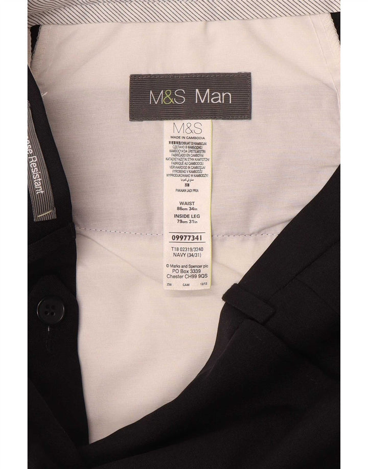 Pantaloni da abito dritti da uomo Marks & Spencer W34 L31 poliestere blu navy
