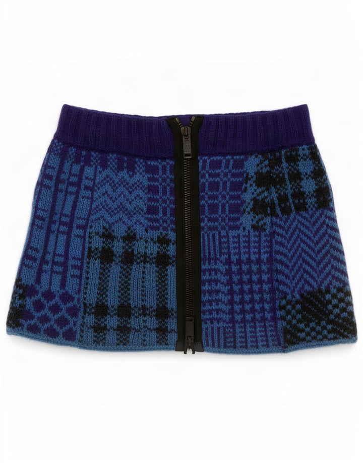 Benetton Womens Bob Camp Knit Mini Skirt Small W27 Blue Patchwork Wool