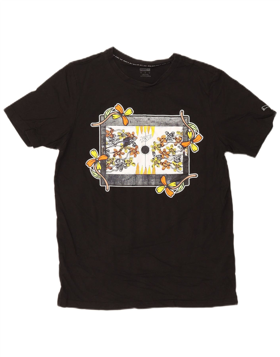T-shirt grafica da uomo Puma Top piccola nera floreale in cotone natura