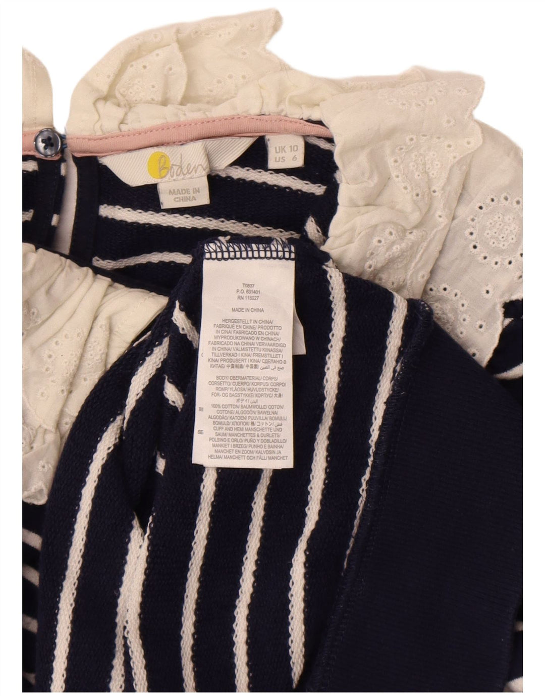 Boden Felpa da donna Maglione UK 10 Piccolo cotone a righe blu navy