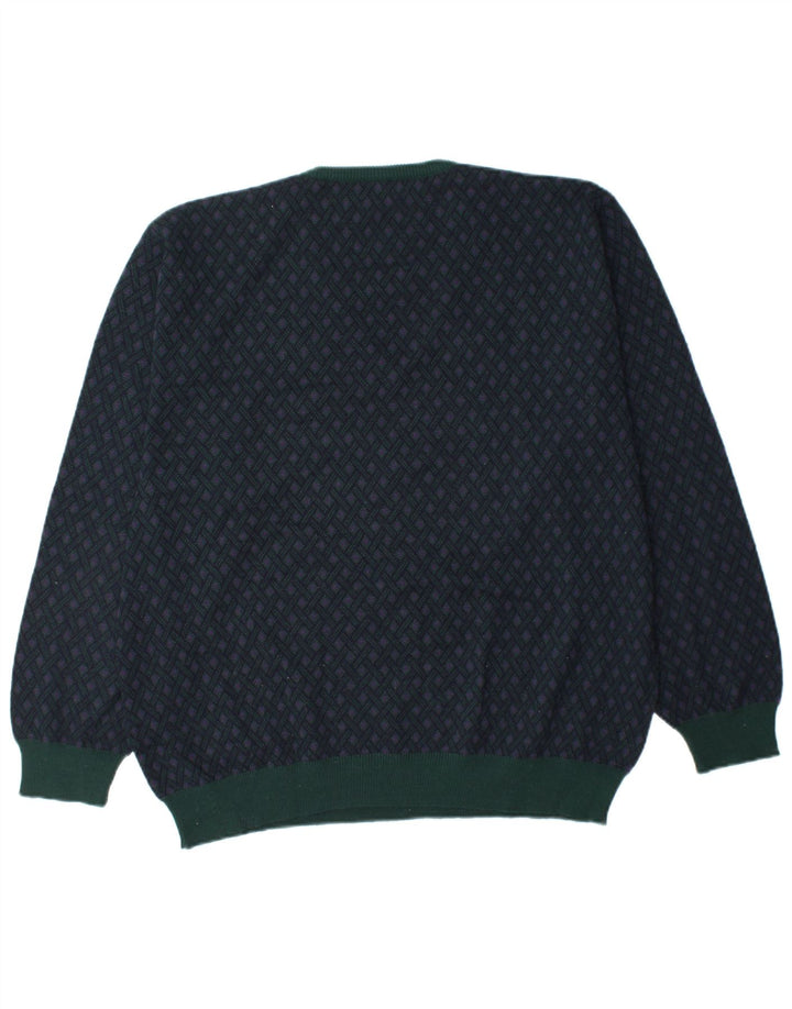 MAPIER Mens V-Neck Jumper Sweater Large Navy Blue Argyle/Diamond Wool