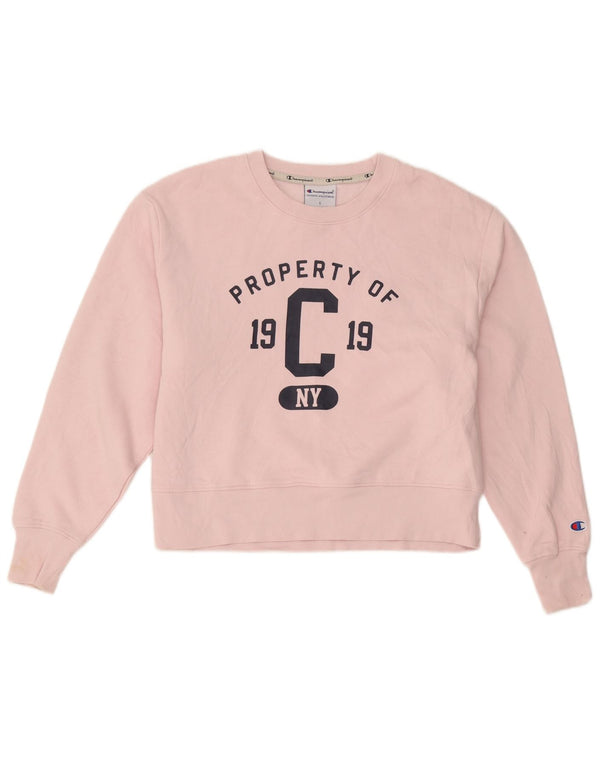 Felpa oversize con grafica da donna Champion, maglione UK 10, piccolo cotone rosa