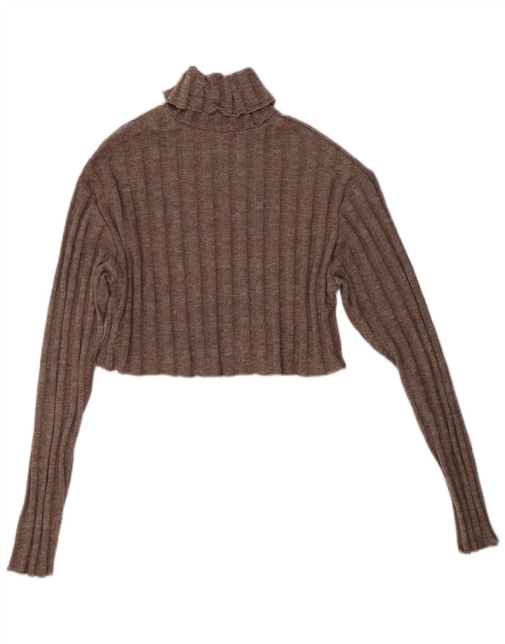 Maglione ZARA da donna con collo alto corto UK 10 piccolo poliestere marrone