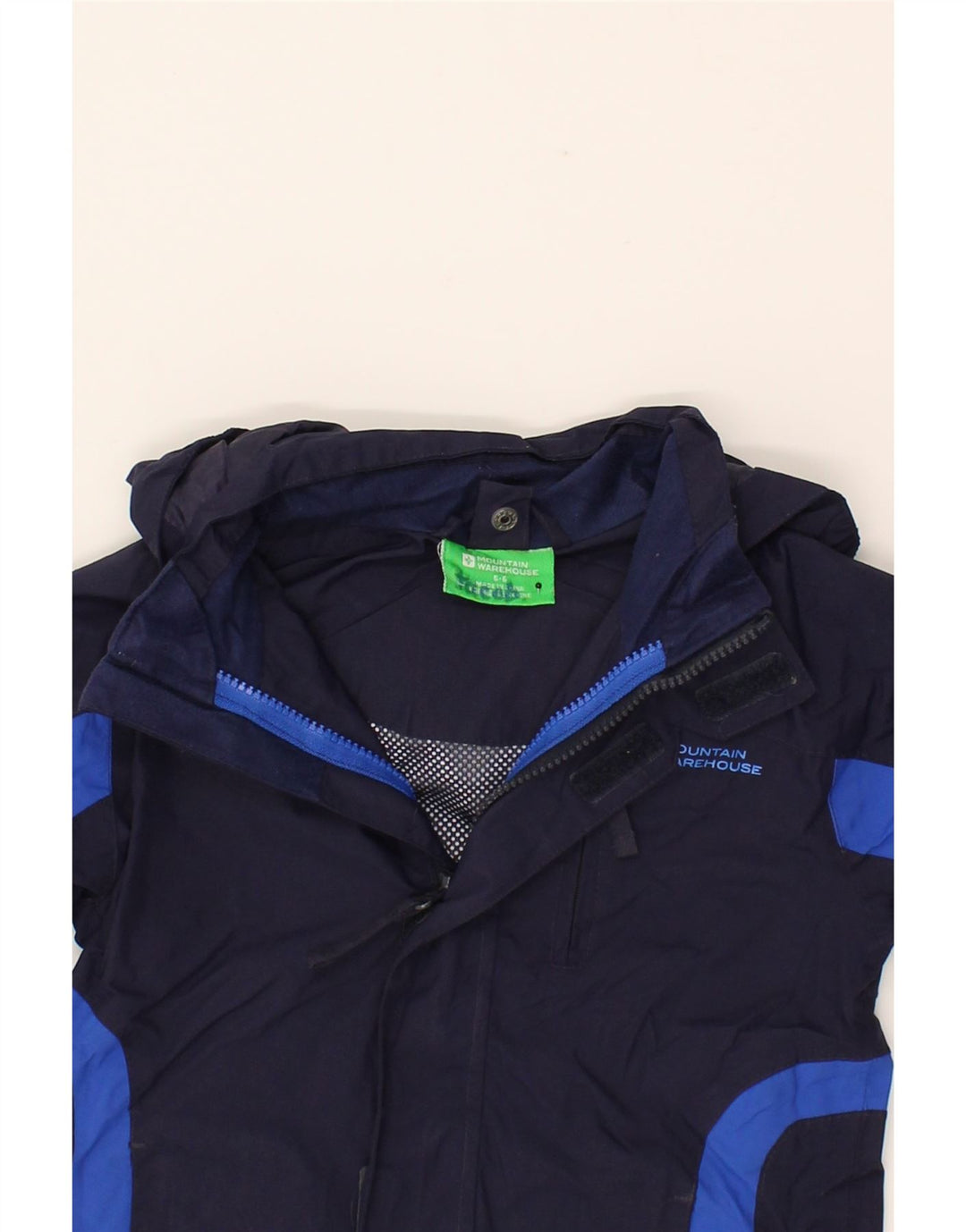 MOUNTAIN WAREHOUSE Boys Hooded Rain Jacket 5-6 Years Navy Blue Colourblock Vintage Mountain Warehouse and Second-Hand Mountain Warehouse from Messina Hembry 