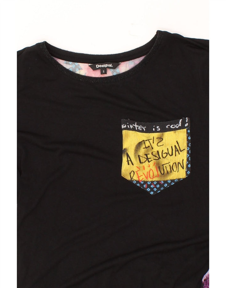 DESIGUAL Womens 3/4 Sleeve Tunic Top UK 10 Small Black Patchwork Viscose Vintage Desigual and Second-Hand Desigual from Messina Hembry 