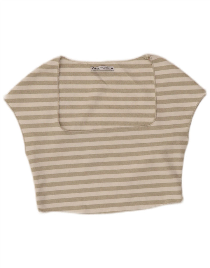 Top corto da donna ZARA UK 12 medio a righe bianco sporco