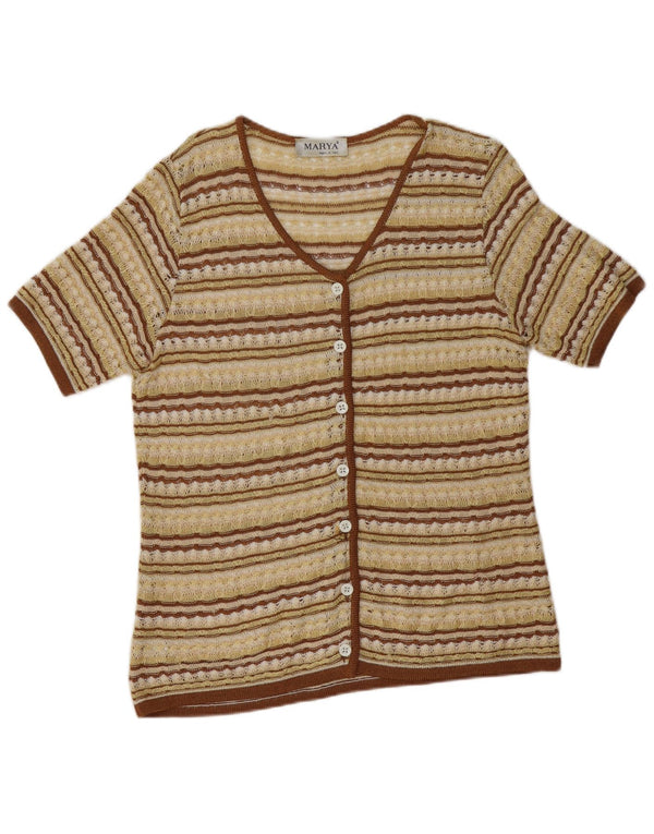 Maglione cardigan a maniche corte da donna vintage UK 12 a righe gialle medie