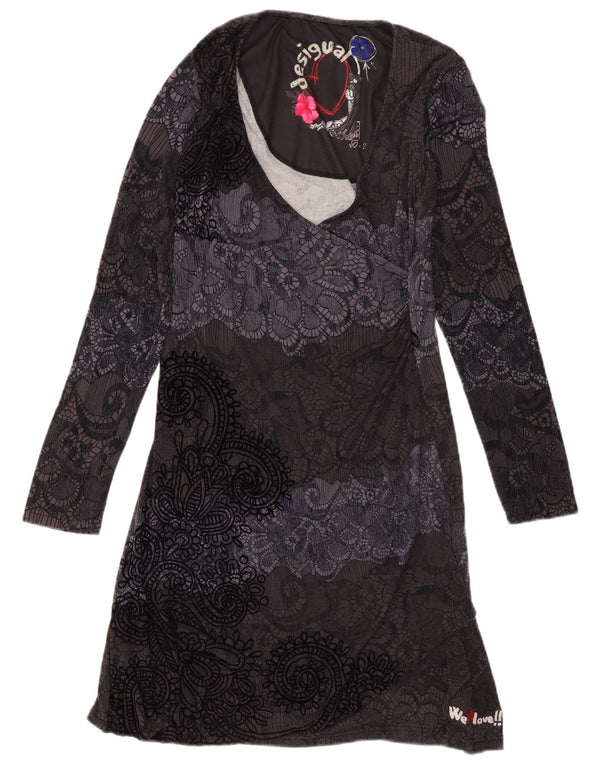 Desigual Abito a trapezio da donna a maniche lunghe di grandi dimensioni in viscosa floreale blu navy