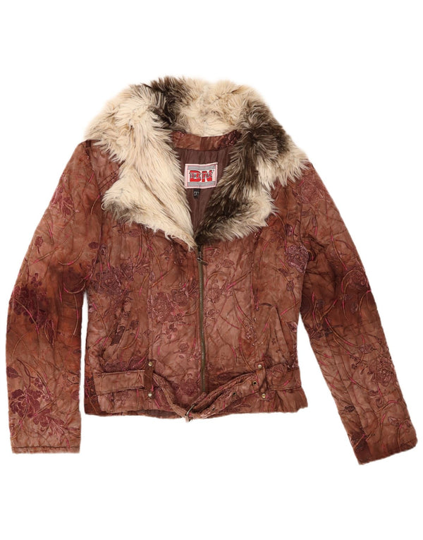 Giacca trapuntata da donna vintage UK 10 piccolo floreale marrone