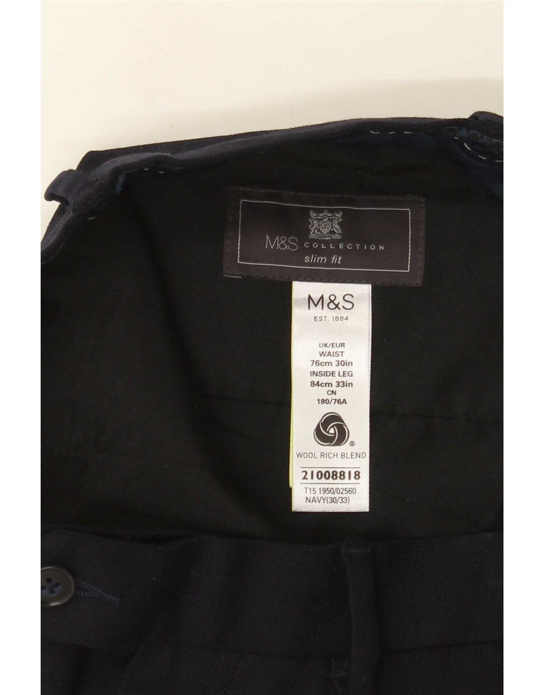Pantaloni da abito slim da uomo Marks & Spencer W30 L33 in lana blu navy