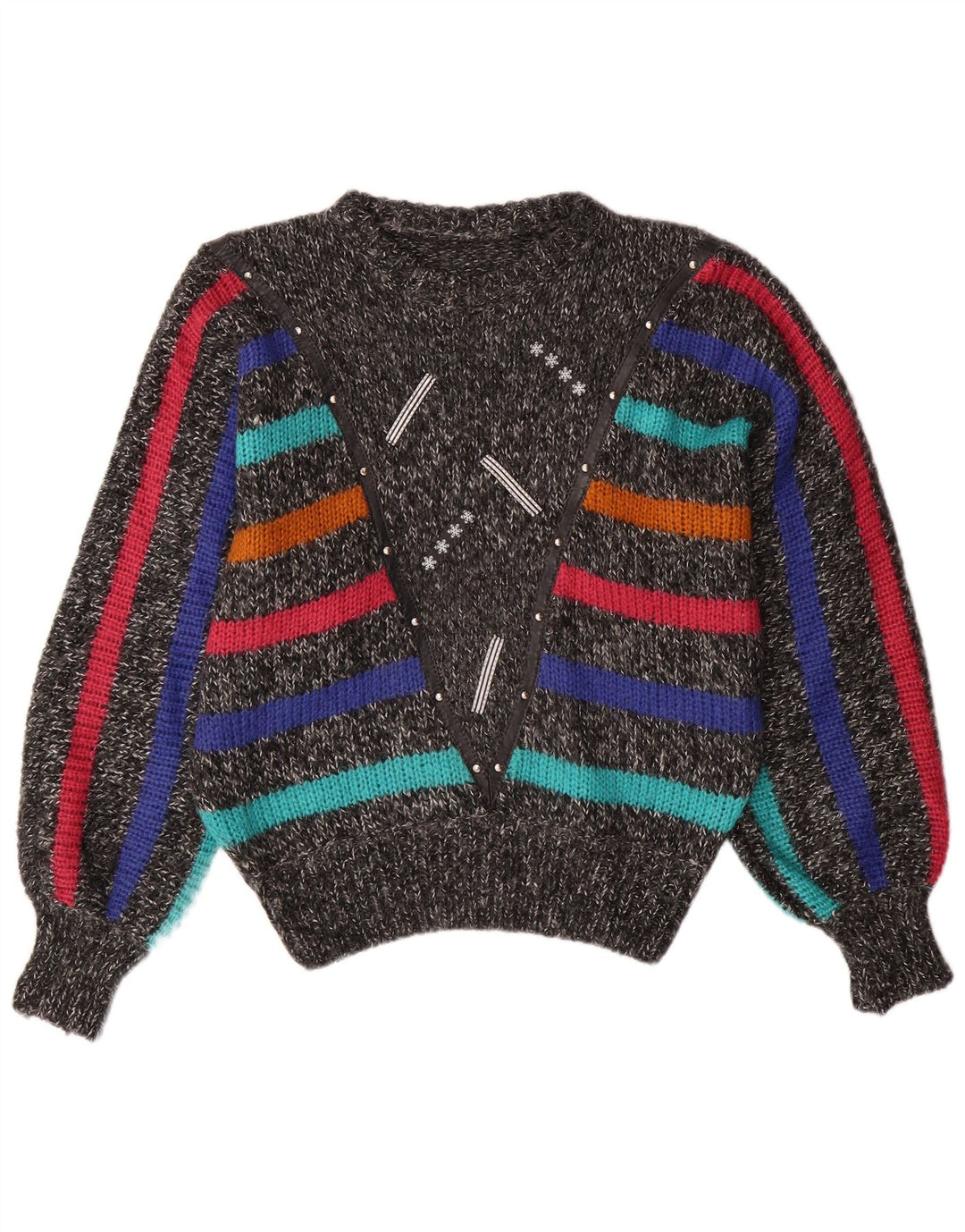 Maglione maglione girocollo a pipistrello da donna VINTAGE UK 14 grigio medio a righe