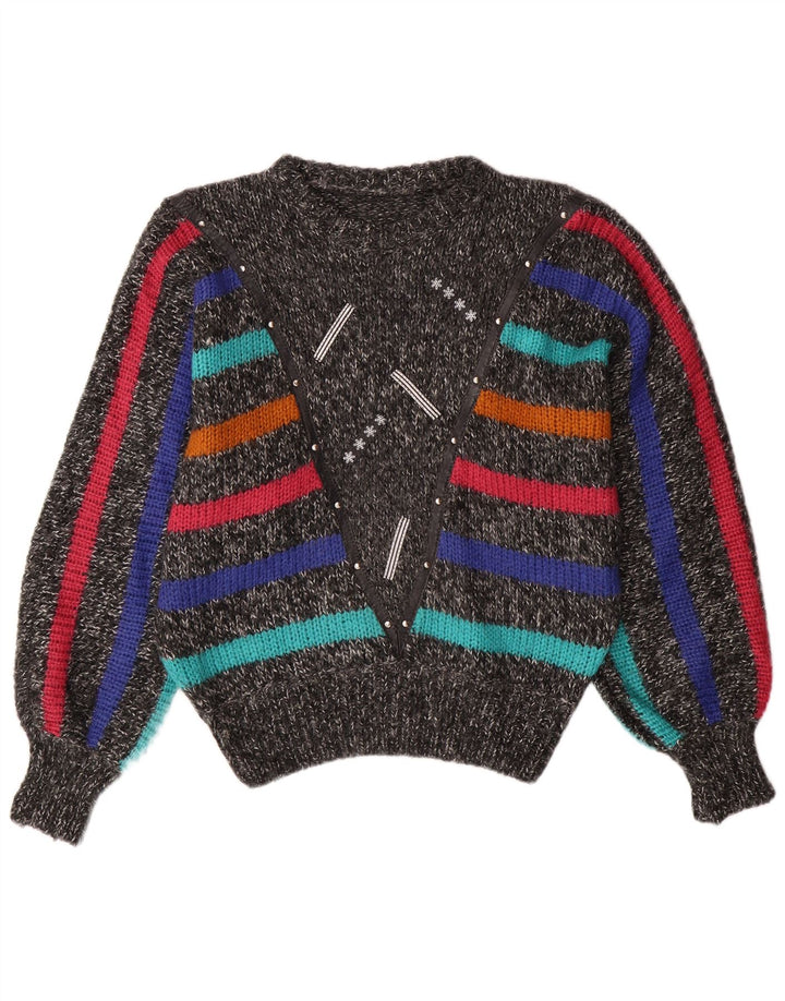 Maglione maglione girocollo a pipistrello da donna VINTAGE UK 14 grigio medio a righe