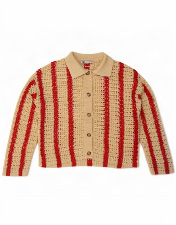 Maglione cardigan oversize all'uncinetto da donna Zara UK 10 piccolo beige a righe