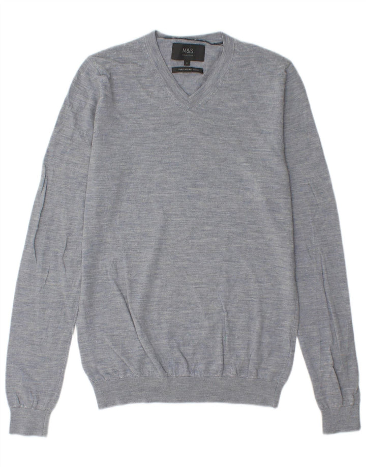 Maglione da uomo con scollo a V Marks & Spencer piccolo in lana merino screziata blu
