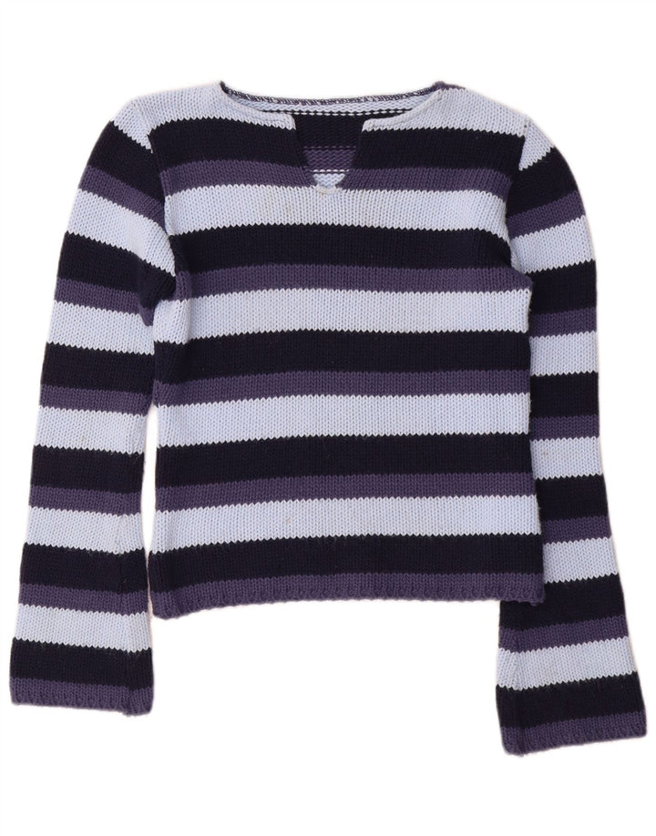 Maglione vintage da donna con scollo a V UK 12 a righe multicolori medie