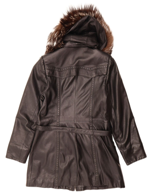 Cappotto in pelle con cappuccio da donna vintage UK 14 medio nero