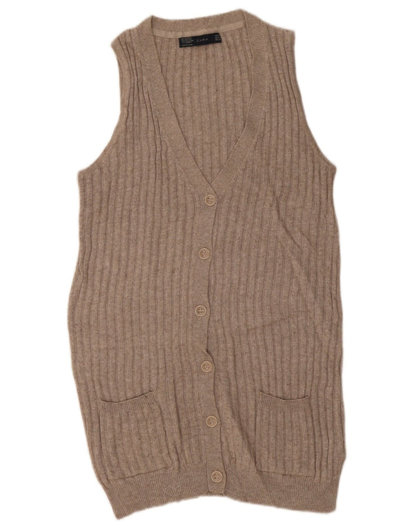 Maglione cardigan senza maniche lungo da donna Zara UK 14 Cotone beige medio