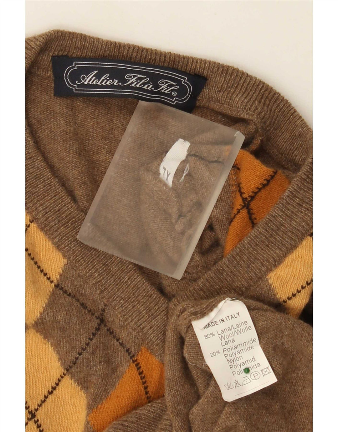 Maglione maglione vintage da uomo con scollo a V XL marrone a rombi/lana diamante
