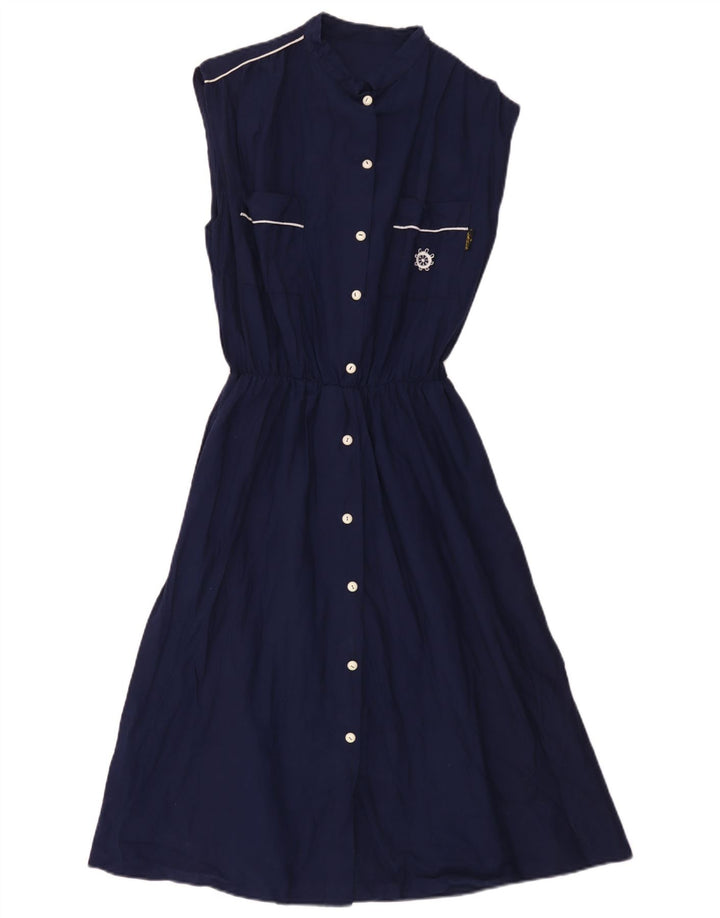 Abito lungo senza maniche vintage da donna UK 12 medio blu navy