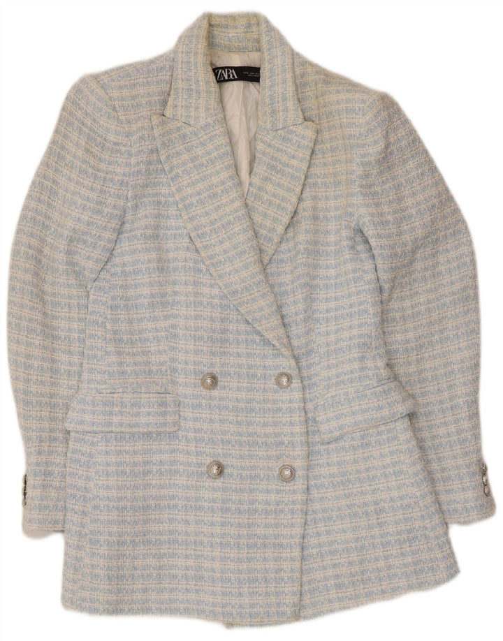 Giacca blazer doppiopetto da donna Zara UK 12 cotone a quadri blu medio