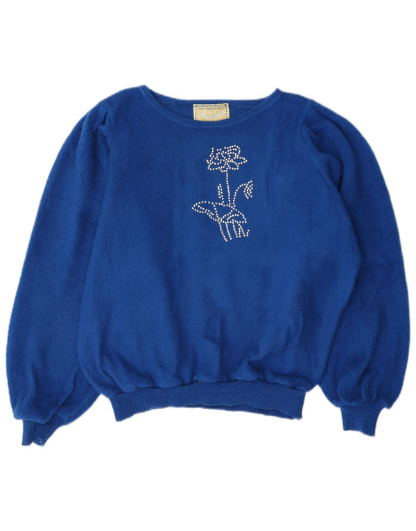 Maglione maglione vintage da donna con scollo a barca UK 16 grande floreale blu