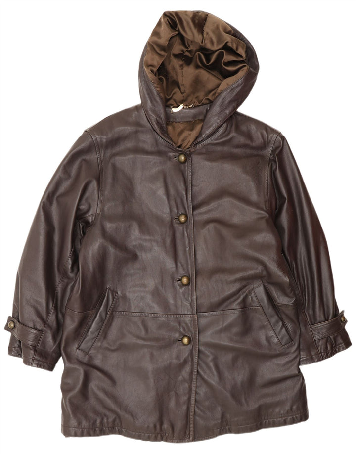Cappotto in pelle con cappuccio da donna Marina Rinaldi taglia 23 in pelle marrone medio