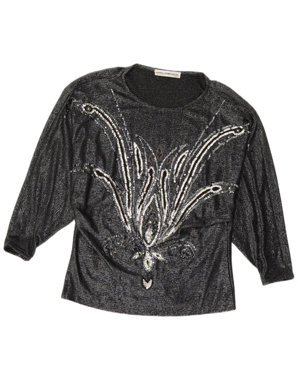 VINTAGE Womens Long Sleeve Blouse Top IT 42 Medium Black Floral Viscose