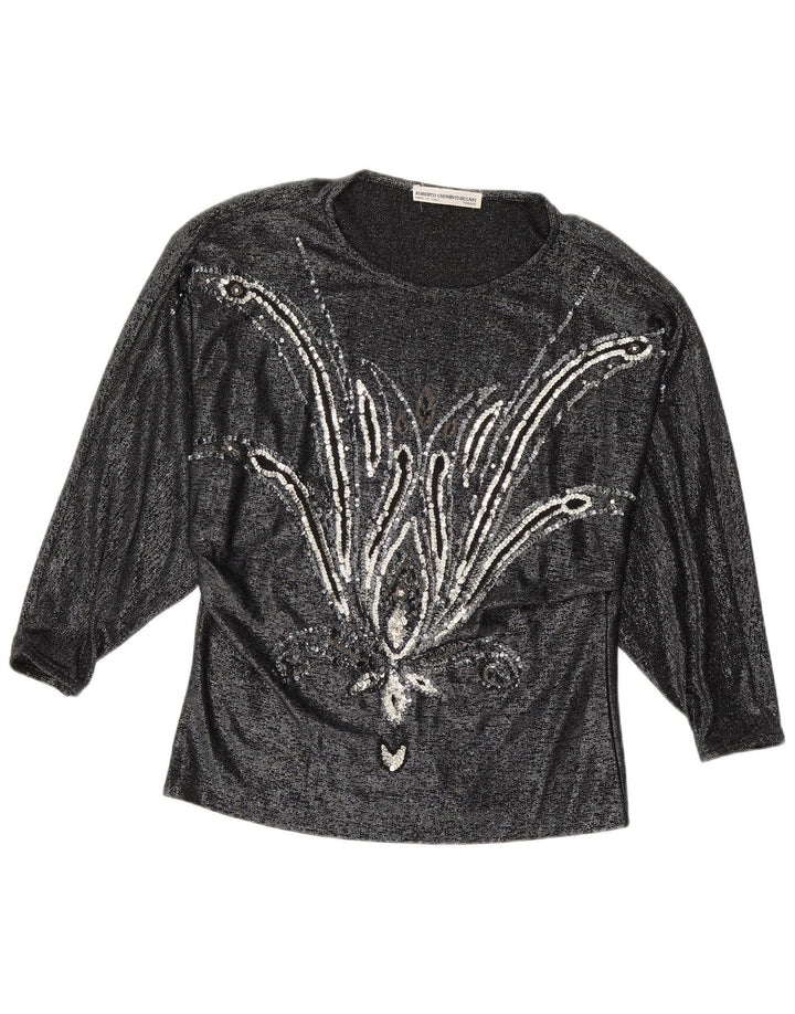 Camicetta a maniche lunghe da donna VINTAGE IT 42 Viscosa floreale nera media