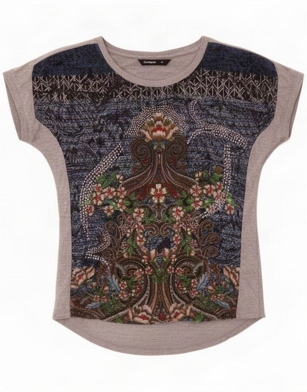 Desigual T-shirt grafica da donna Top UK 12 Medium Grey Paisley