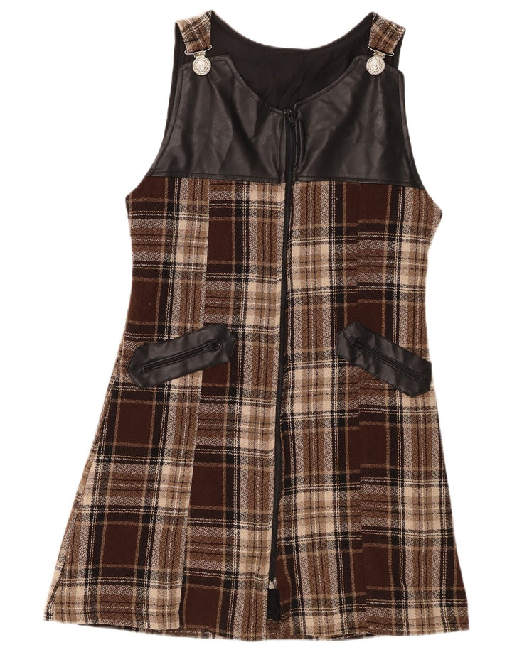 Abito vintage da donna senza maniche a trapezio IT 44 a quadri marrone medio