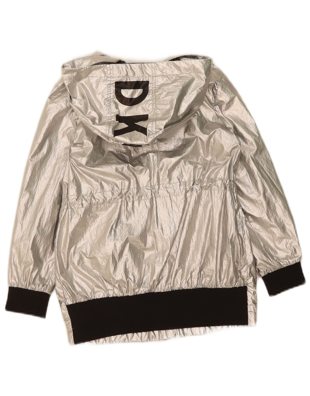 DKNY Girls Graphic Hooded Rain Jacket 5-6 Years Silver Colourblock